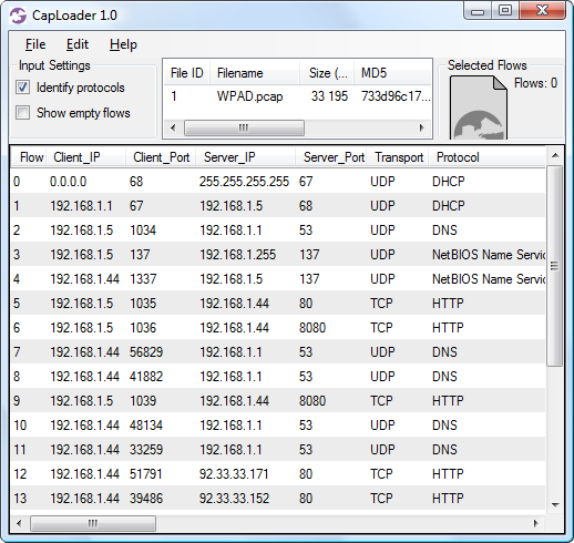 CapLoader showinf WPAD related flows