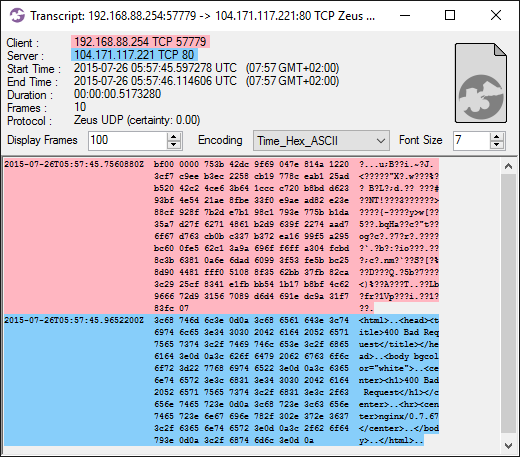 CapLoader transcript of Kovter.B C2 attempt (hex)