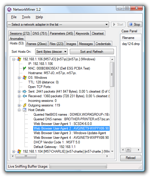 NetworkMiner 1.2 Hosts tab