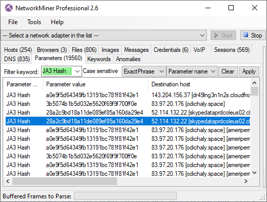 NetworkMiner's Parameters tab with keyoword filter JA3 Hash