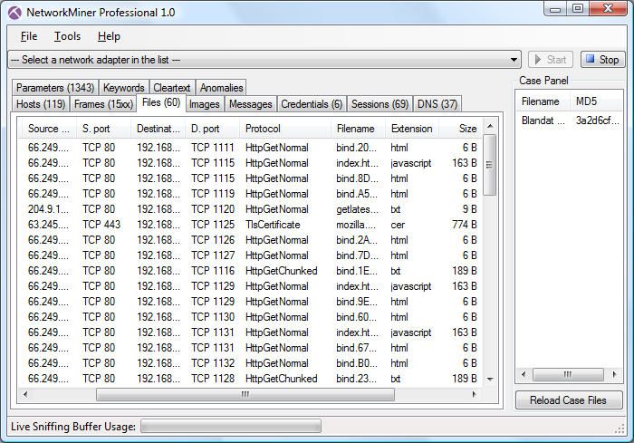 NetworkMiner Professional extracted files