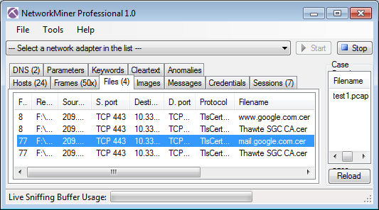SSL capture file test1.pcap opened in NetworkMiner Professional