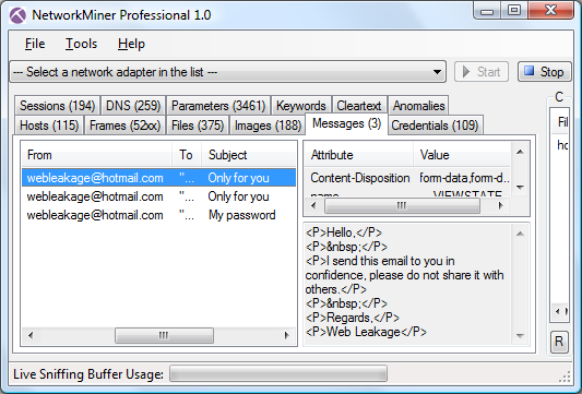 NetworkMiner with extracted emails in "Messages" tab, extracted files are in the "Files" tab