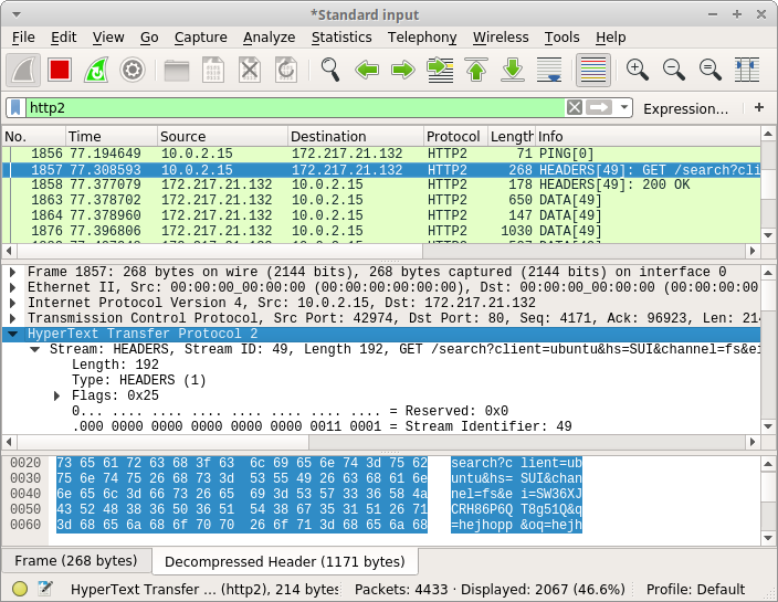 Decrypted HTTP/2 data piped to Wireshark