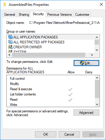 Press Edit to change permissions for AssembledFiles folder