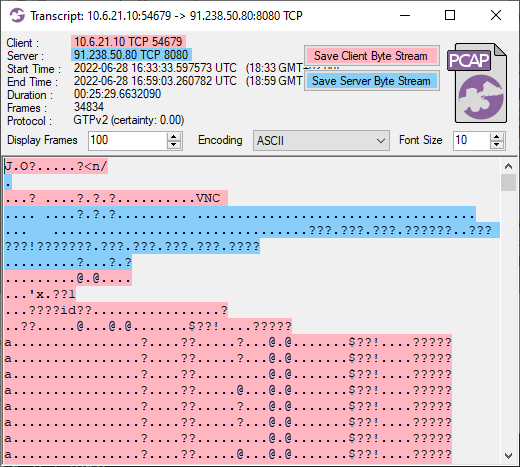 Flow transcript of IcedID VNC traffic in ASCII encoding