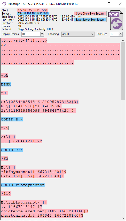 IcedID File Manager session in CapLoader's Flows Transcript