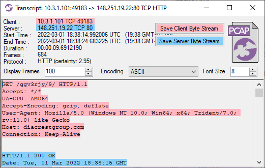 CapLoader download of Emotet DLL from diacrestgroup.com