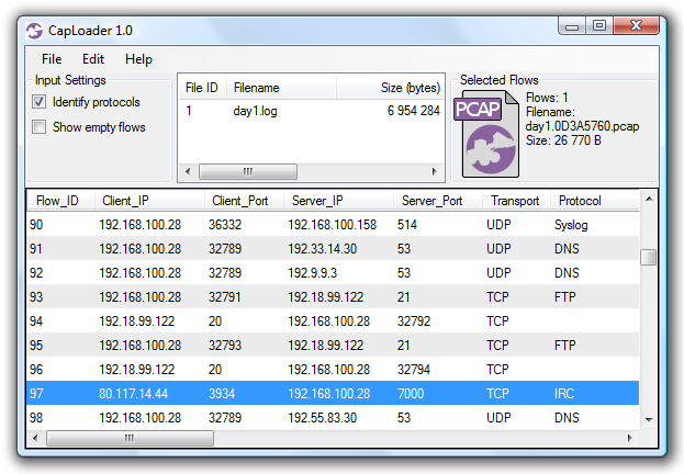 CapLoader showing port independent identification of protocols