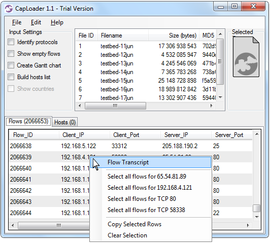 Right-click a flow in CapLoader