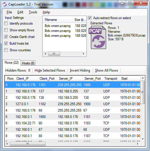 CapLoader 1.2 Finished Carving Packets from HoneyNet Memory Image