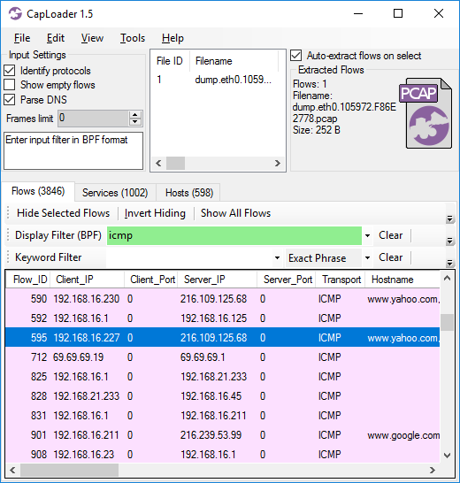 Flows tab in CapLoader 1.5 with display filter BPF 'icmp'