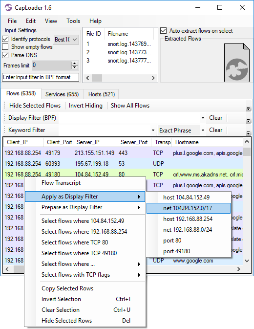 CapLoader Flows tab with context menu for Apply as Display Filter