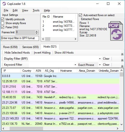 CapLoader Hosts tab with ASN, Alexa and Umbrella details