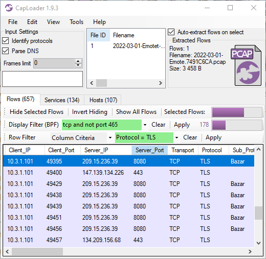 Emotet C2 sessions with JA3 51c64c77e60f3980eea90869b68c58a8 in CapLoader