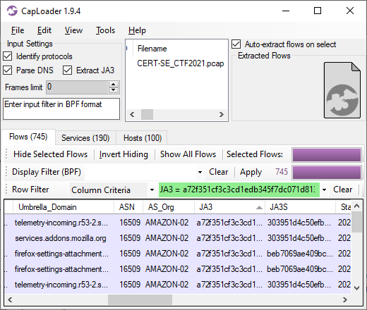 CapLoader with Column Critera filter for JA3 hash