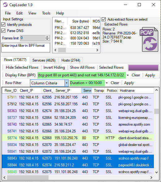 CapLoader 1.9 with Column Criteria Row Filter Duration > 00:10:00