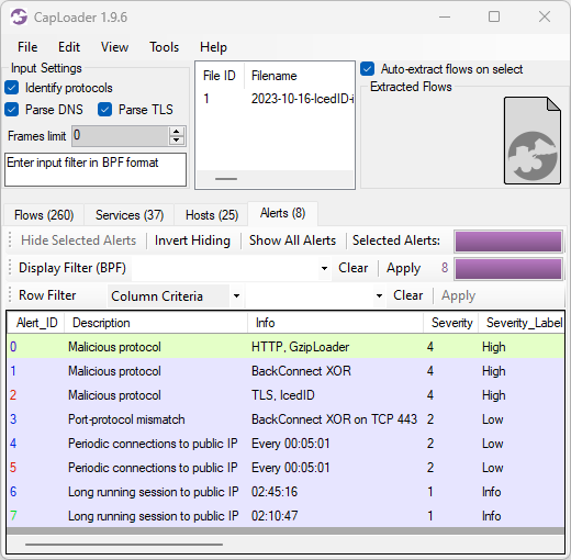 Alerts in CapLoader for 2023-10-16-IcedID-infection.pcap