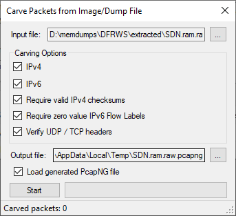 CapLoader's Carve Packets Window