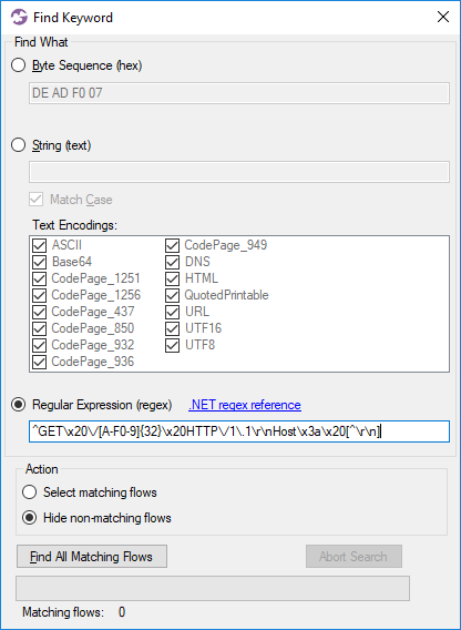 Searching for Alfa Ransomware flows in CapLoader using regex