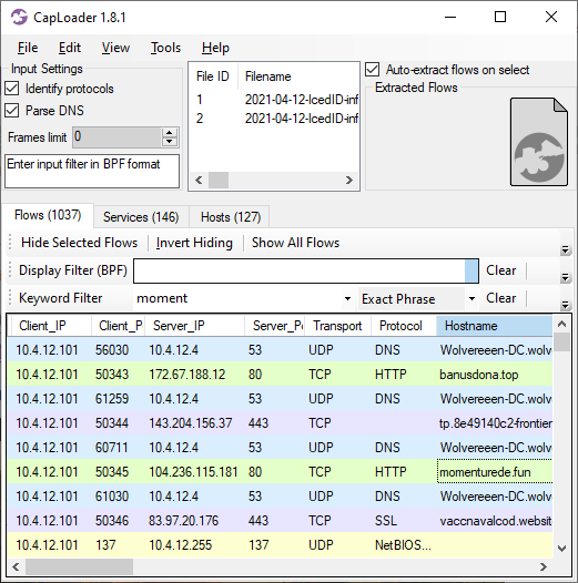 CapLoader showing initial flows from the IcedID malware execution