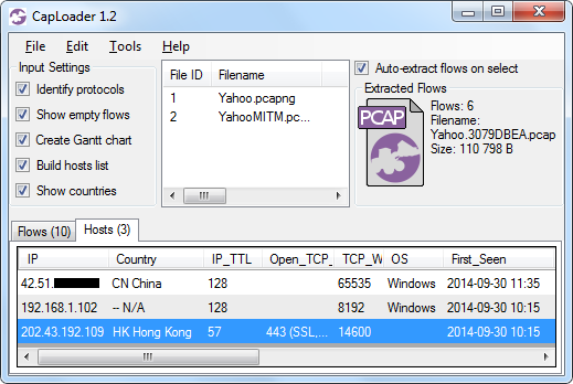 CapLoader 1.2 Hosts tab with hk.yahoo.com