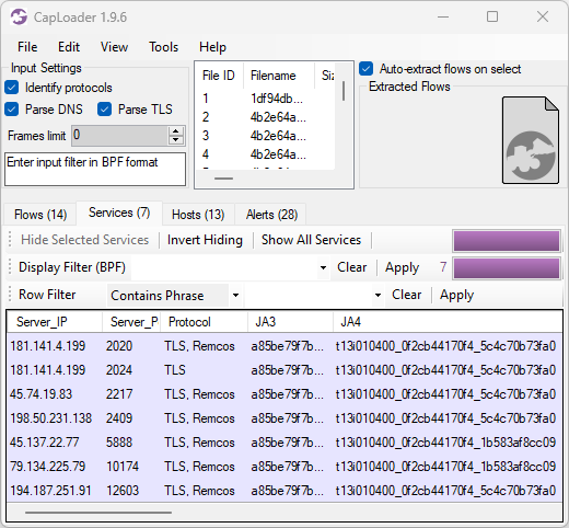 JA3 and JA4 fingerprints of Remcos traffic. a85be79f7b569f1df5e6087b69deb493 t13i010400_0f2cb44170f4_5c4c70b73fa0 t13i010400_0f2cb44170f4_1b583af8cc09