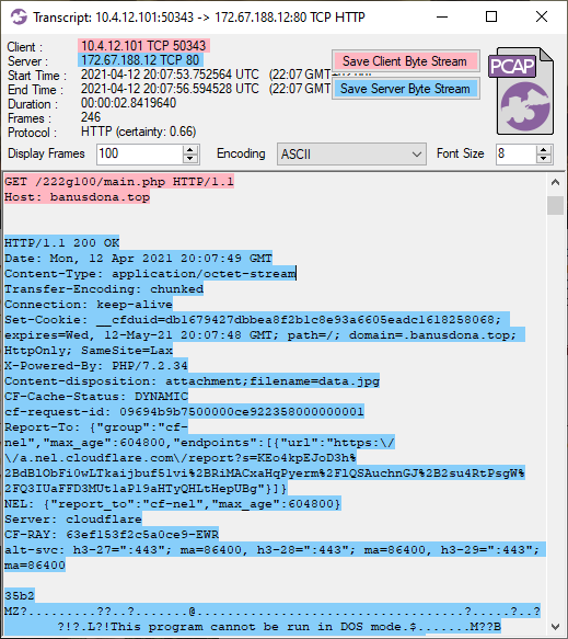 Transcription CapLoader du téléchargement du malware IcedID