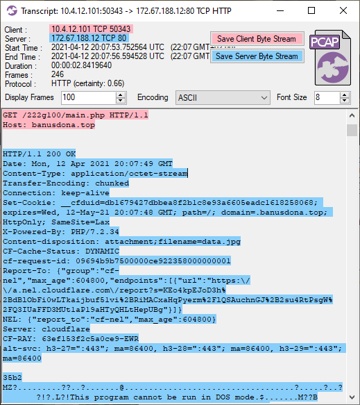 CapLoader transcript of IcedID malware download