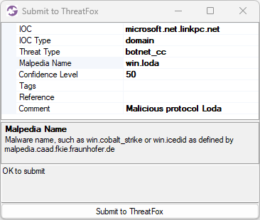 Submitting Loda IOC to ThreatFox