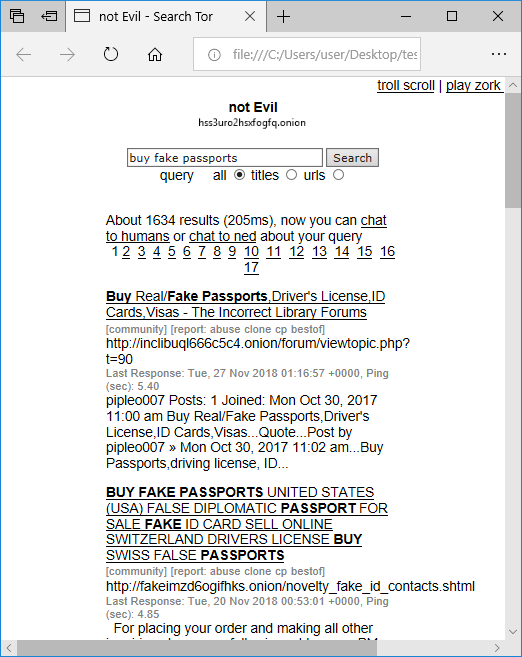 not Evil search in Tor