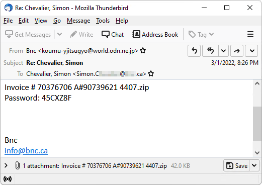 Emotet spam email from PCAP