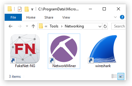 FakeNet-NG, NetworkMiner and Wireshark in FLARE VM's Networking category