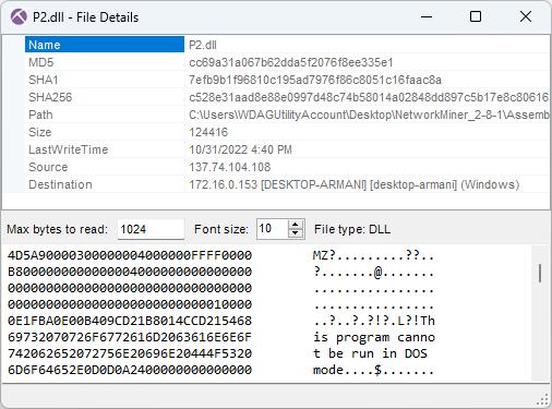 Details for Cobalt Strike P2.dll with MD5 hash cc69a31a067b62dda5f2076f8ee335e1