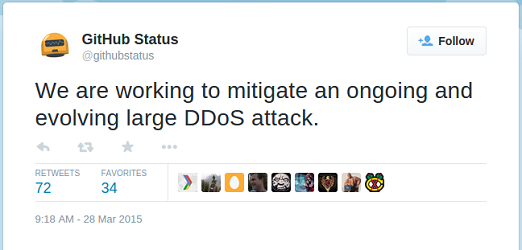 GitHub tweeting about DDoS attack