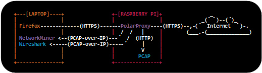 Laptop, Raspberry Pi, PolarProxy, Internet ASCII