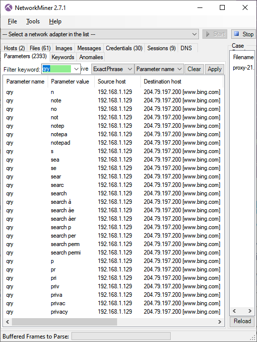 Parameters tab in NetworkMiner