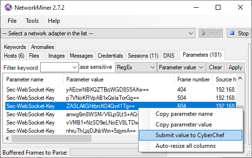 Submit Parameter value from NetworkMiner to CyberChef