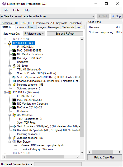 NetworkMiner Professional with SDN.ram.raw.pcapng loaded