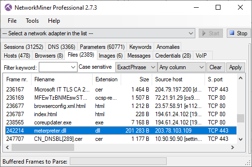 Meterpreter DLL extracted from PCAP file in NetworkMiner Professional
