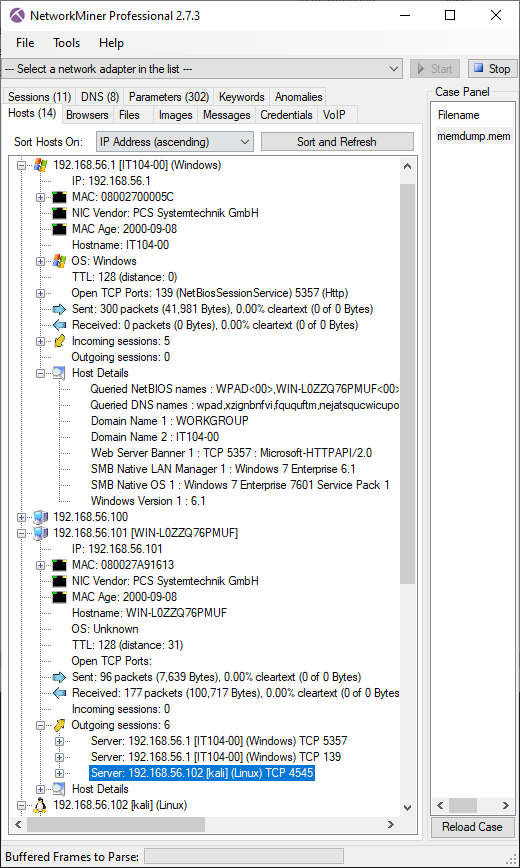 NetworkMiner Professional with packets extracted from memory dump