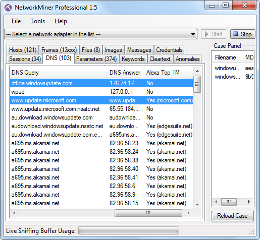 NetworkMiner Professional 1.5 with DNS tab showing Alexa result for office.windowupdate.com