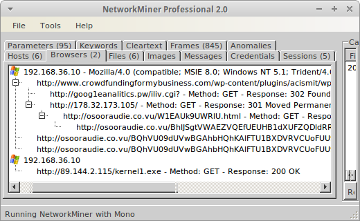 NetworkMiner Professional 2.0 Browsers tab - Redirect Chain