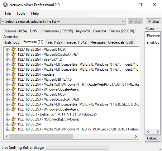 NetworkMiner Professional 2.0 Browsers tab