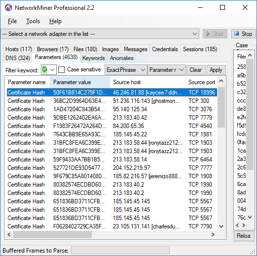 NetworkMiner Parameters tab showing Certificate Hash values