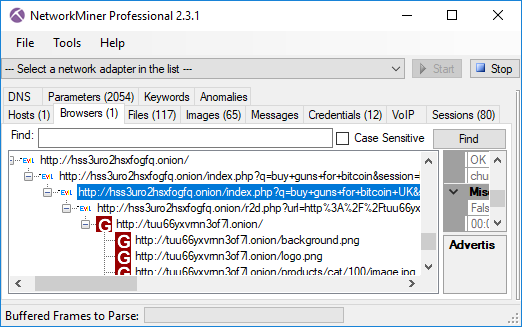 not Evil search in NetworkMiner Professional Browsers tab