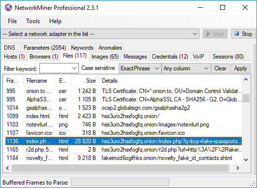 NetworkMiner's Files tab with not Evil search