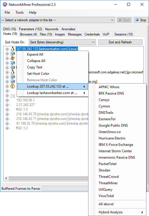 OSINT IP lookup in NetworkMiner Professional 2.3 OSINT IP lookup in NetworkMiner Professional 2.3